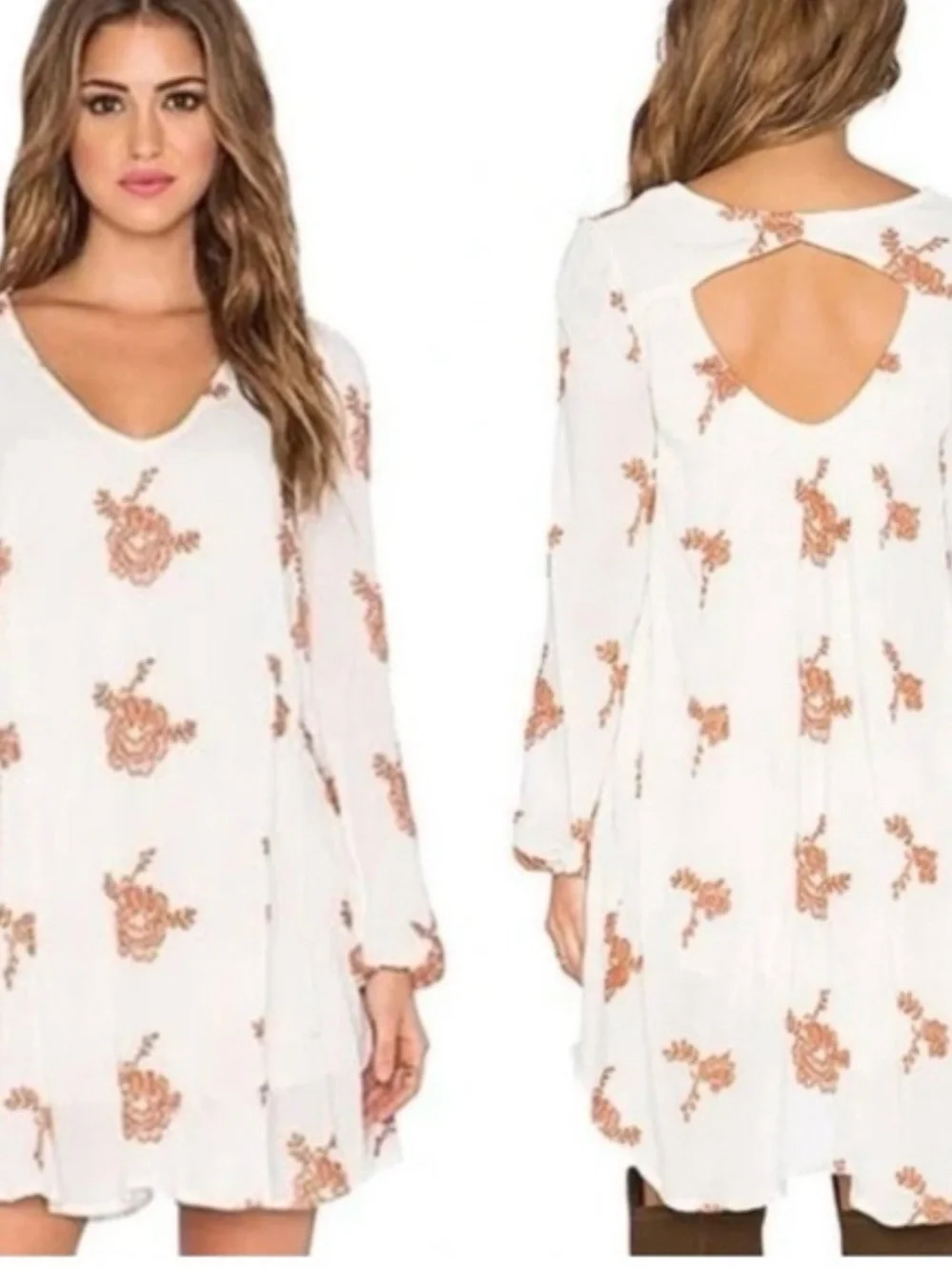 Free People White and Burnt Orange Embroidered Long-Sleeve Floral Swing Dress S